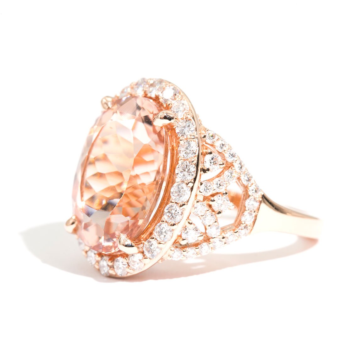 Adriana 18 Carat Rose Gold Morganite and Diamond Halo Ring Rings Imperial Jewellery - Auctions, Antique, Vintage & Estate