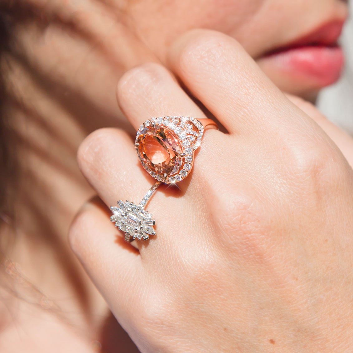 Adriana 18 Carat Rose Gold Morganite and Diamond Halo Ring Rings Imperial Jewellery - Auctions, Antique, Vintage & Estate