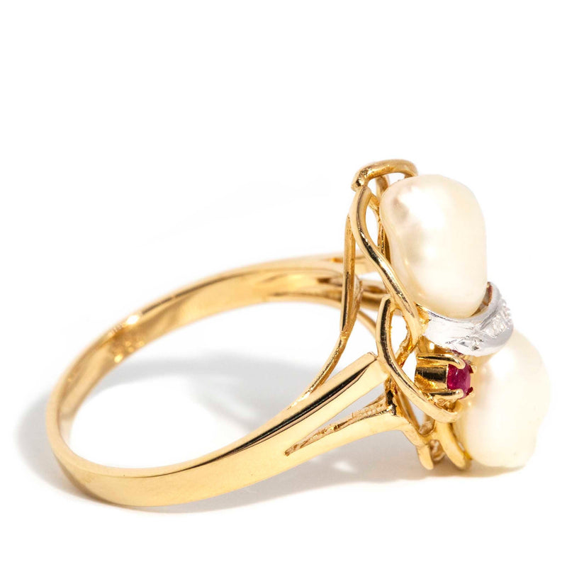 Allyssa 1980s Pearl Diamond & Ruby Ring 14ct Gold Rings Imperial Jewellery 