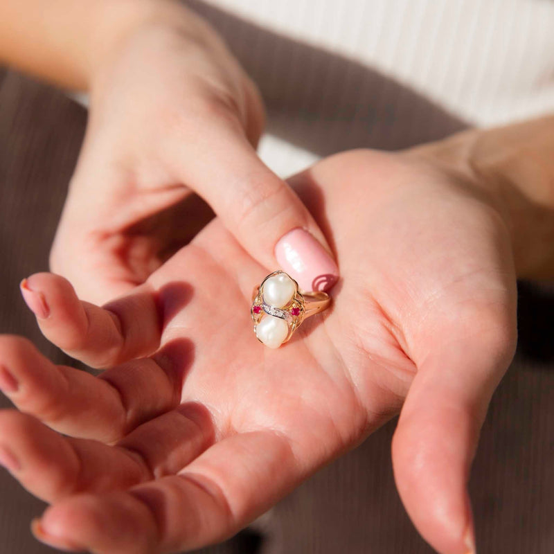 Allyssa 1980s Pearl Diamond & Ruby Ring 14ct Gold Rings Imperial Jewellery 