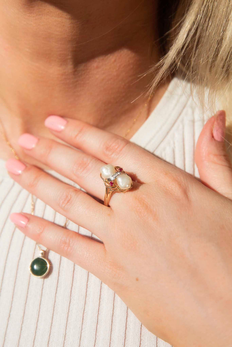 Allyssa 1980s Pearl Diamond & Ruby Ring 14ct Gold Rings Imperial Jewellery 