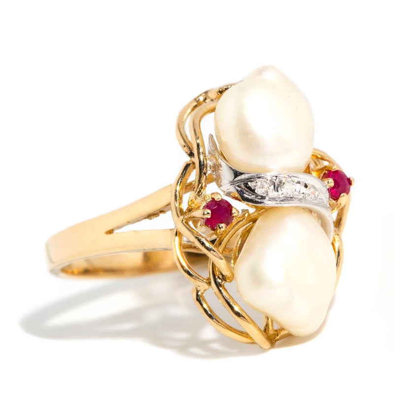 Allyssa 1980s Pearl Diamond & Ruby Ring 14ct Gold Rings Imperial Jewellery 