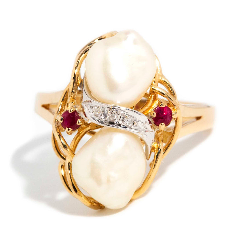 Allyssa 1980s Pearl Diamond & Ruby Ring 14ct Gold Rings Imperial Jewellery Imperial Jewellery - Hamilton 