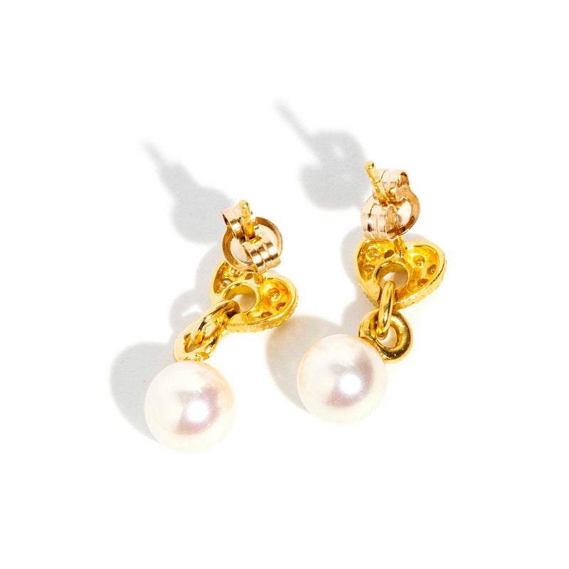 Almira 1980s Diamond & Pearl Bubble Heart Studs 18ct Gold Earrings Imperial Jewellery 