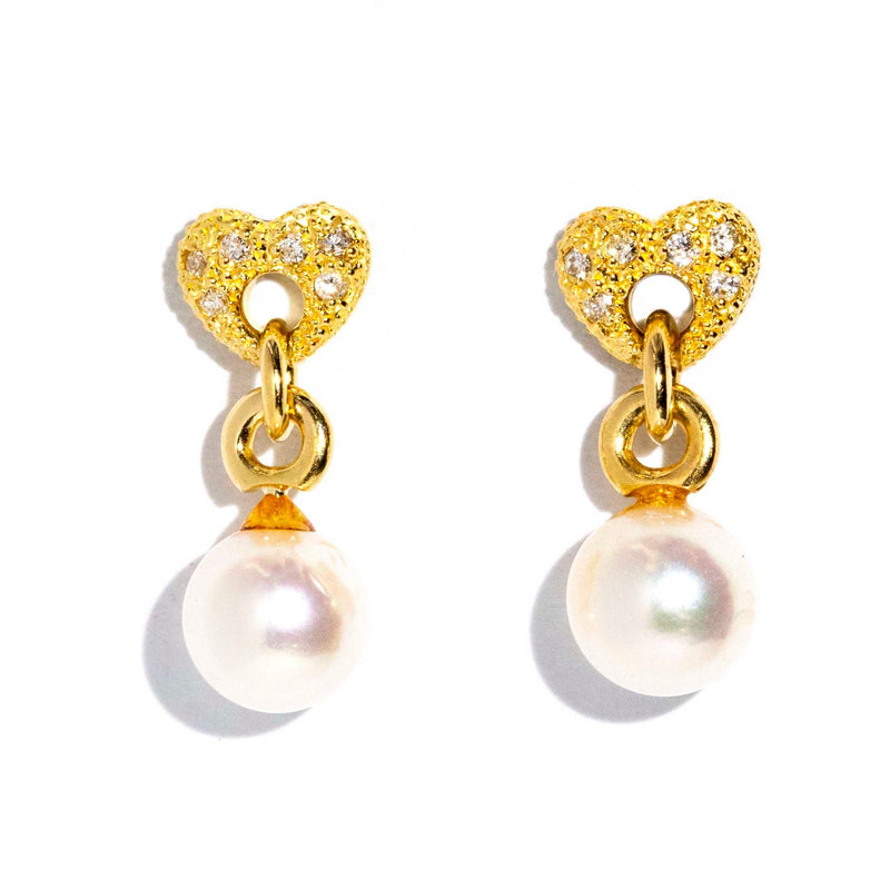 Almira 1980s Diamond & Pearl Bubble Heart Studs 18ct Gold Earrings Imperial Jewellery Imperial Jewellery - Hamilton 