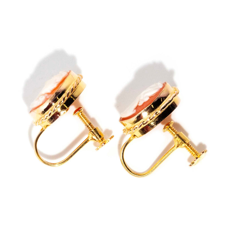Amandine 1960s Shell Cameo Screw Back Earrings 9ct Gold Earrings Imperial Jewellery 