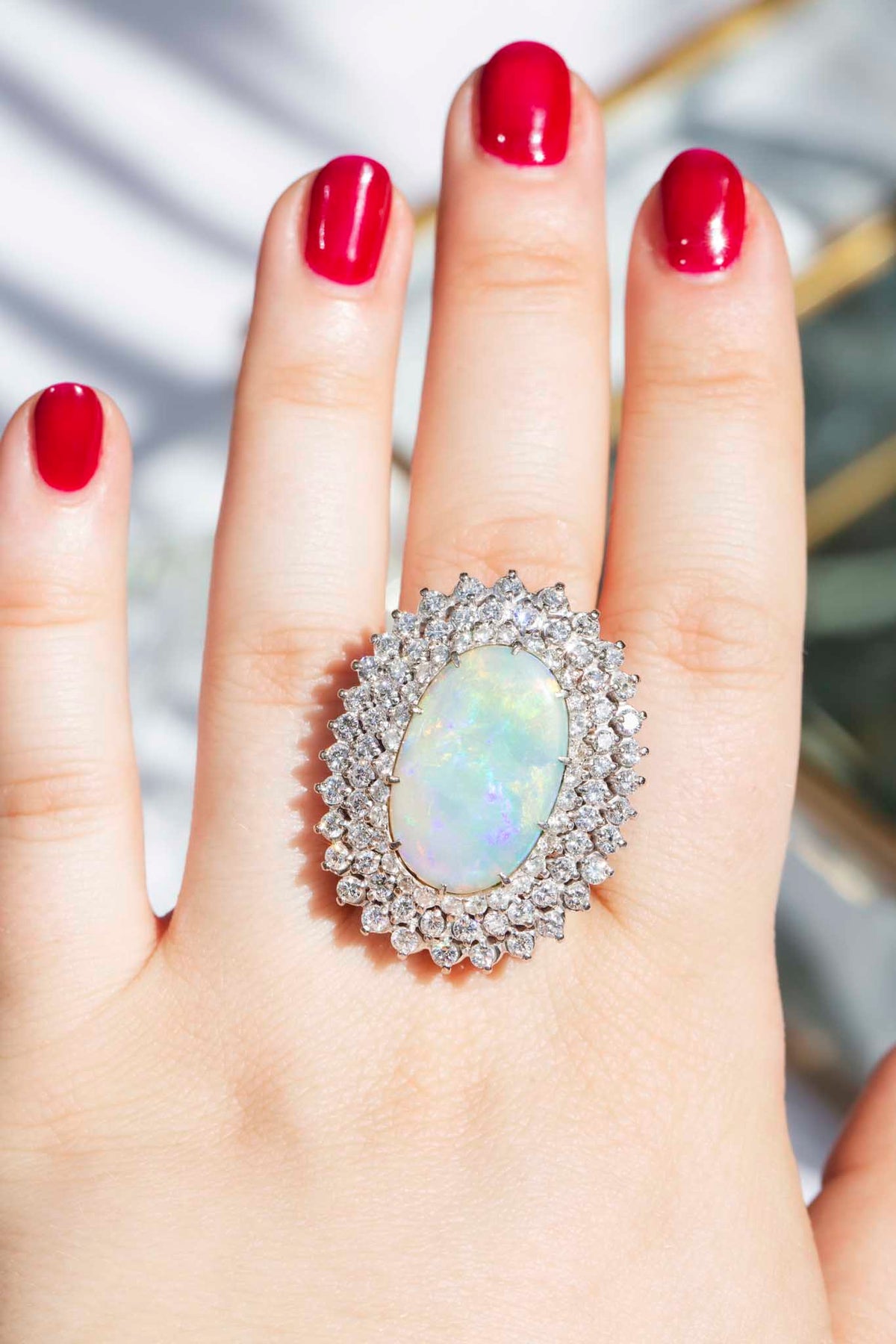 Vintage 1970s Australian Opal Diamond Halo Ring 18 Carat Gold Imperial Jewellery