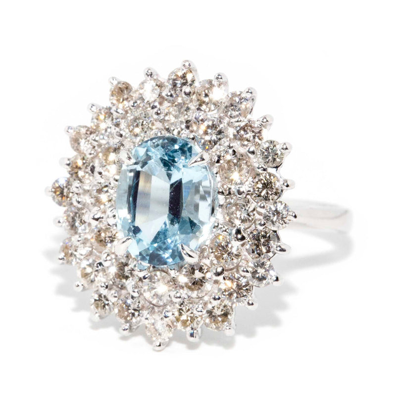 Andrea 1970s Aquamarine & 1.56 Carat Diamond 14ct White Gold Ring Rings Imperial Jewellery 