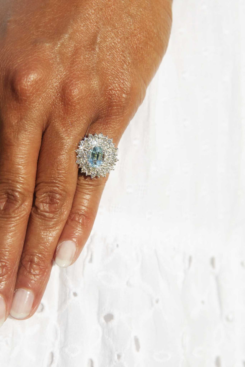 Andrea 1970s Aquamarine & 1.56 Carat Diamond 14ct White Gold Ring Rings Imperial Jewellery 