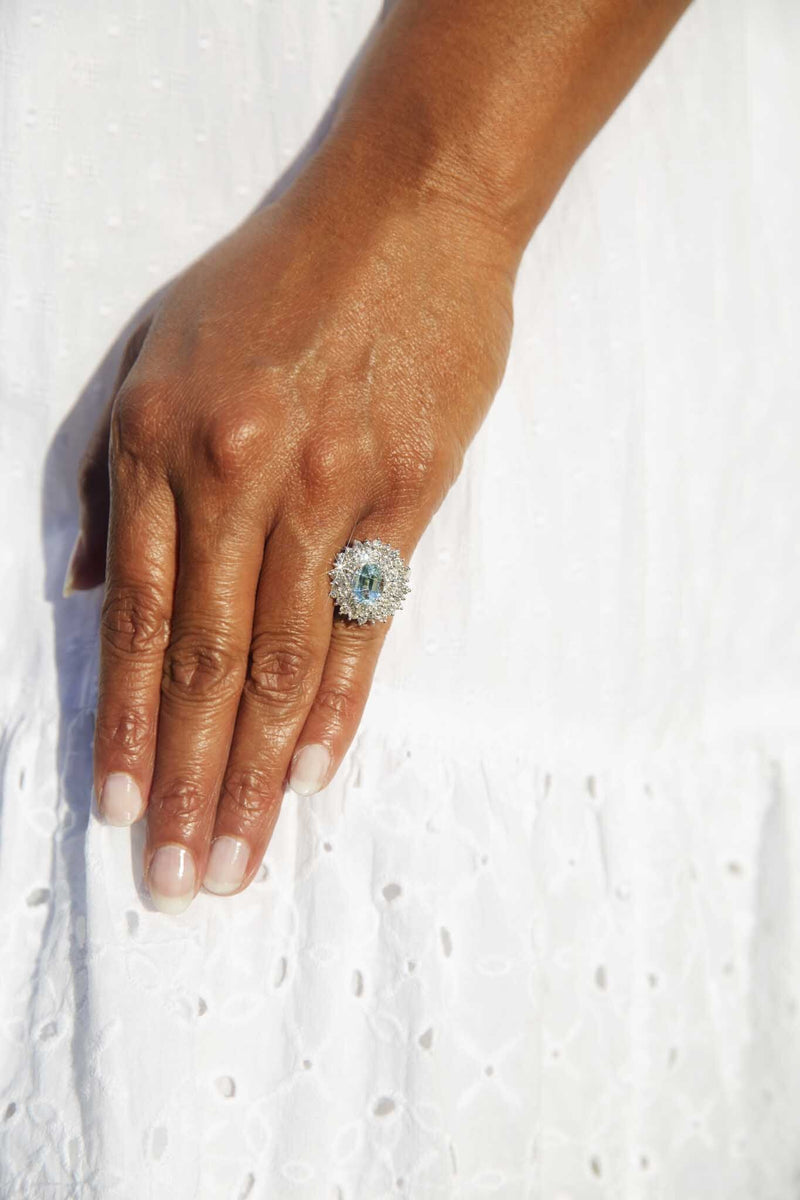 Andrea 1970s Aquamarine & 1.56 Carat Diamond 14ct White Gold Ring Rings Imperial Jewellery 