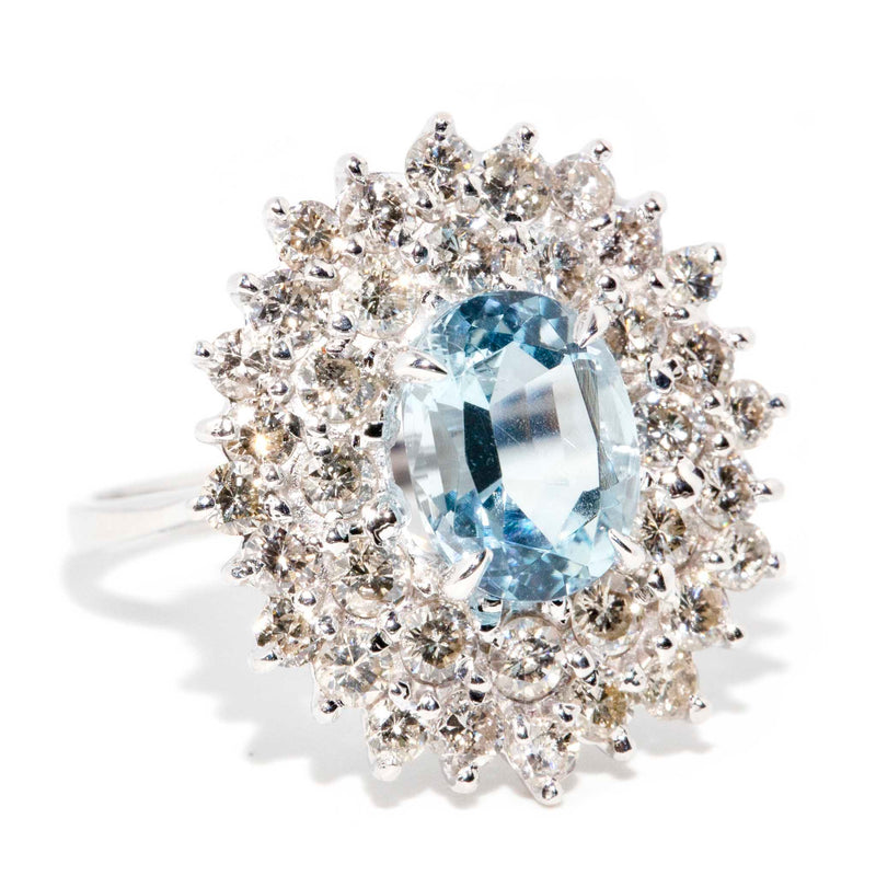 Andrea 1970s Aquamarine & 1.56 Carat Diamond 14ct White Gold Ring Rings Imperial Jewellery 