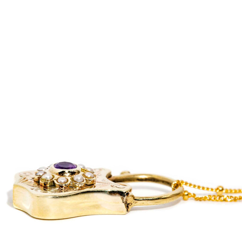 Andree 1960s Amethyst & Seed Pearl Padlock Pendant & 9ct Chain Pendants/Necklaces Imperial Jewellery 