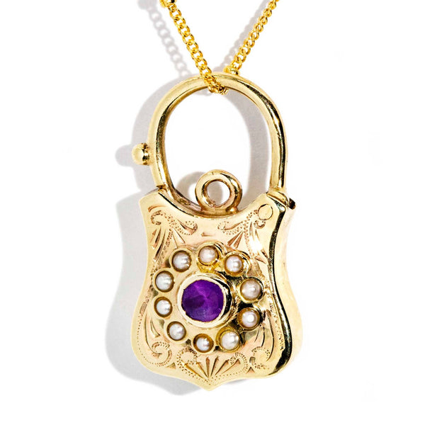 Andree 1960s Amethyst & Seed Pearl Padlock Pendant & 9ct Chain Pendants/Necklaces Imperial Jewellery 