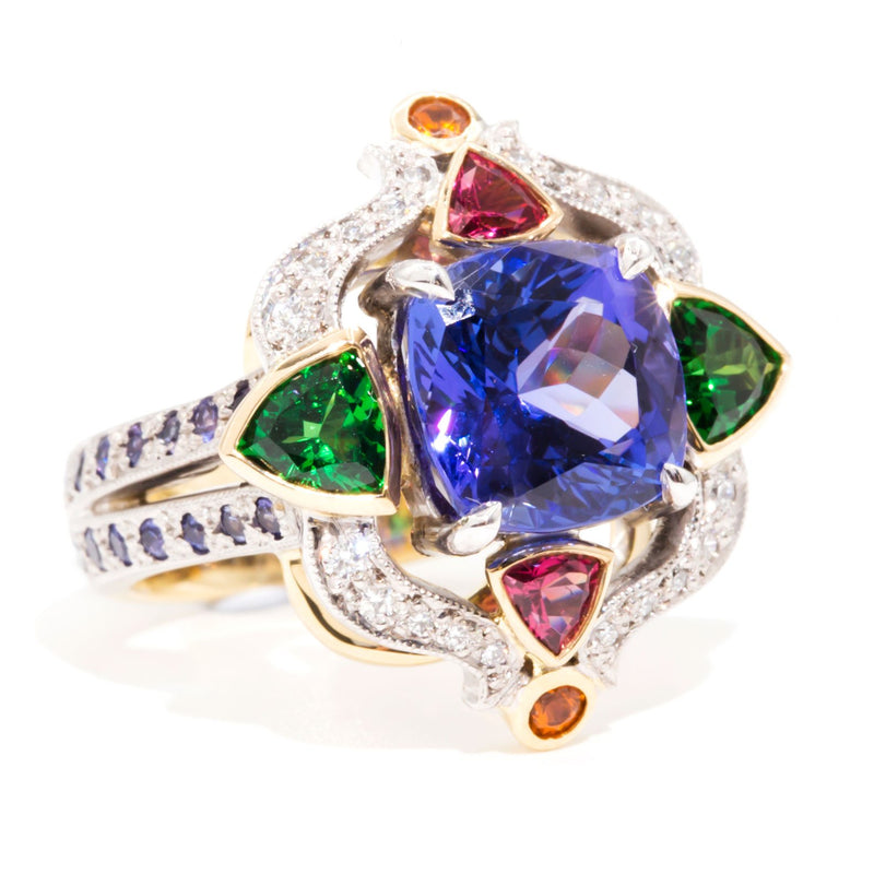 Angelique Handmade Sapphire Diamond and Garnets 18 Carat Gold Ring Rings Imperial Jewellery