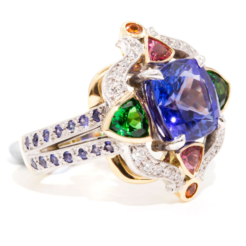 Angelique Handmade Sapphire Diamond and Garnets 18 Carat Gold Ring Rings Imperial Jewellery