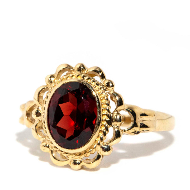Aretha 1980s Rubover Garnet Solitaire Ring 9ct Gold Rings Imperial Jewellery 