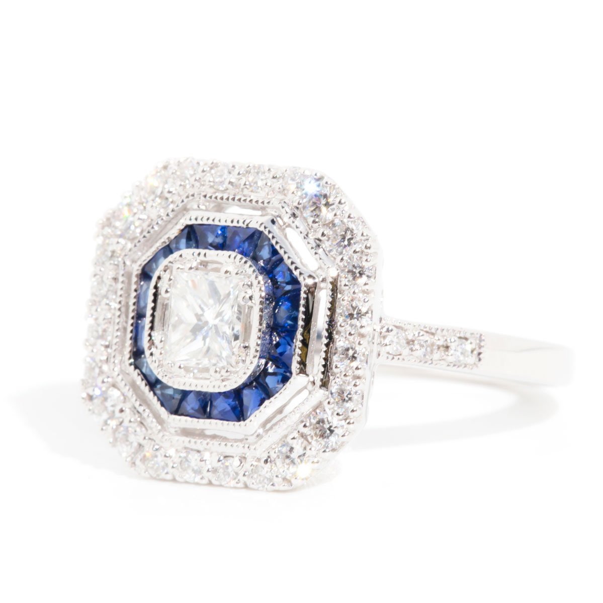 Ario Certified 0.41 Carat Diamond & Sapphire Vintage Art Deco Ring Rings Imperial Jewellery