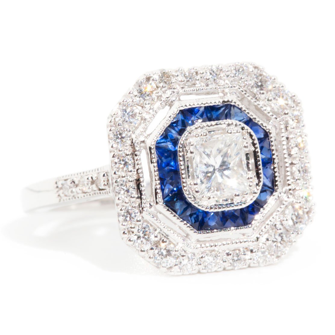 Ario Certified 0.41 Carat Diamond & Sapphire Vintage Art Deco Ring Rings Imperial Jewellery