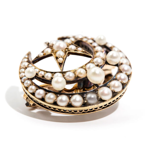 Audette Victorian Antique Star and Moon Seed Pearl Brooch Brooches Imperial Jewellery - Auctions, Antique, Vintage & Estate 