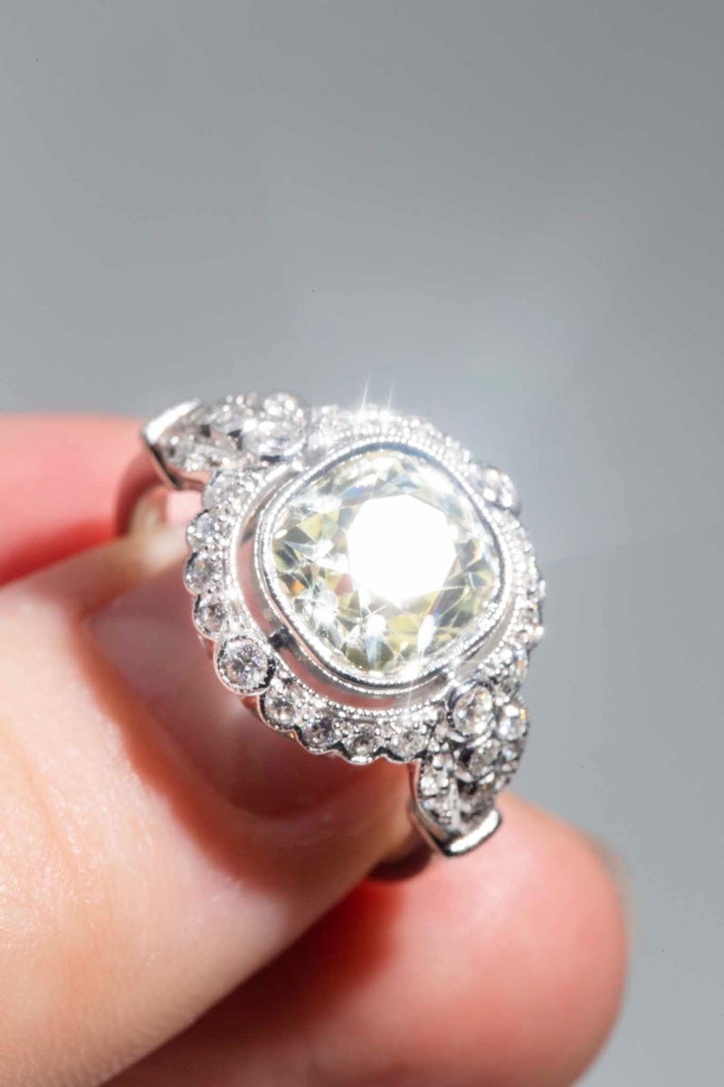 Chunky Mine Cut Pale Yellow Diamond Platinum Engagement Ring – Gem Set Love