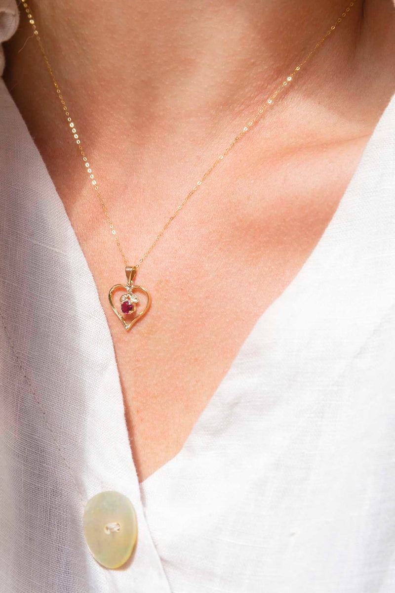 Avery Circa 1970s Ruby & Diamond Heart 14ct Pendant with 18ct Chain Pendants/Necklaces Imperial Jewellery 