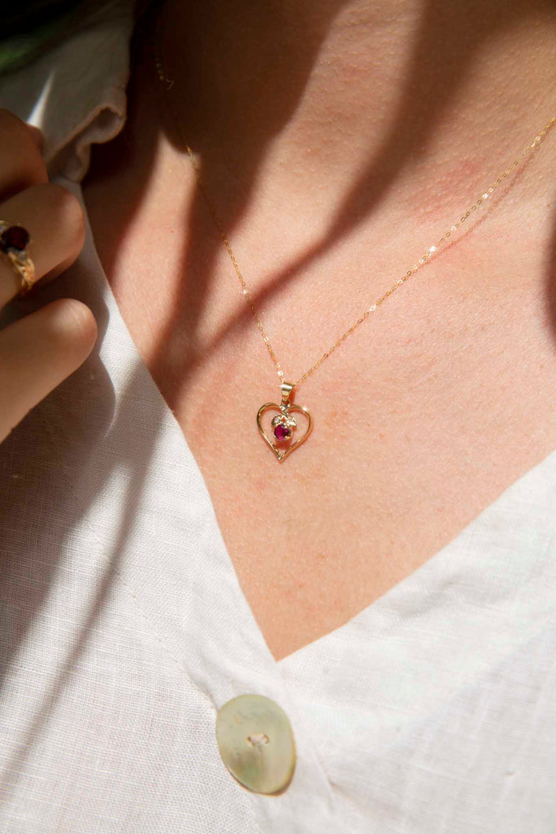 Avery Circa 1970s Ruby & Diamond Heart 14ct Pendant with 18ct Chain Pendants/Necklaces Imperial Jewellery 