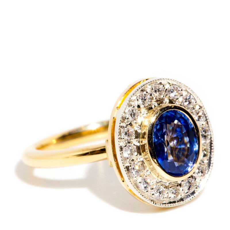 Avril Reinvented Vintage Sapphire & Diamond Halo Ring 18ct Gold Rings Imperial Jewellery 