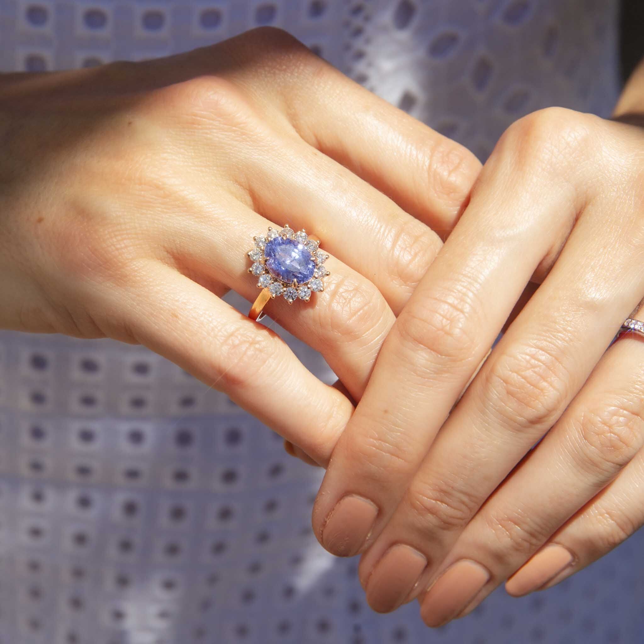 Azure 18ct Gold Ceylon Sapphire & Diamond Halo Ring Rings Imperial Jewellery 