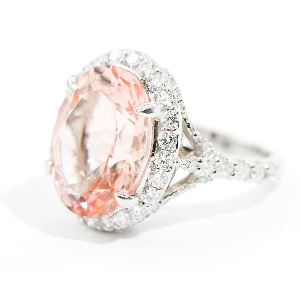 Buenos Aires 8.74ct Oval Cut Morganite and Diamond Platinum Ring Rings Imperial Jewellery - Auctions, Antique, Vintage & Estate