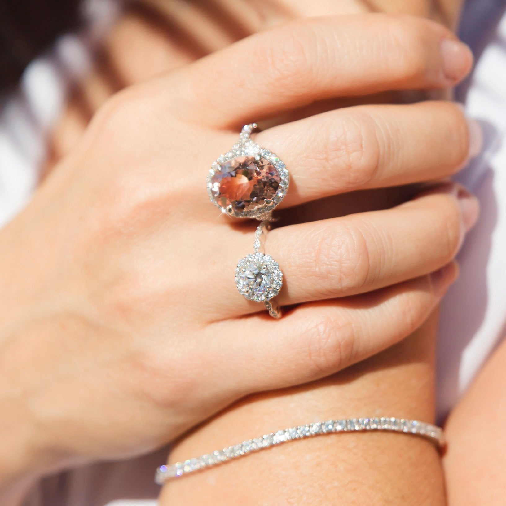 Buenos Aires Platinum Oval Cut Morganite and Diamond Halo Ring Rings Imperial Jewellery - Auctions, Antique, Vintage & Estate 