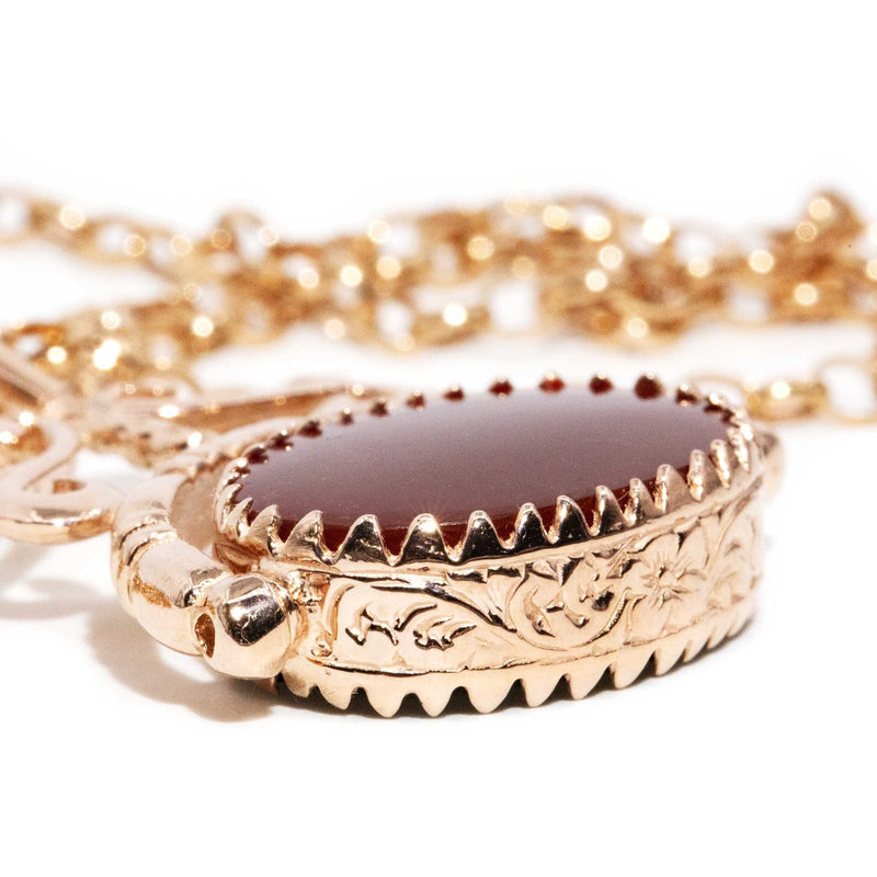 Callie 1980s Carnelian & Onyx Spinner & Chain 9ct Rose Gold Pendants/Necklaces Imperial Jewellery 