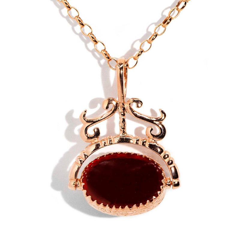 Callie 1980s Carnelian & Onyx Spinner & Chain 9ct Rose Gold Pendants/Necklaces Imperial Jewellery 