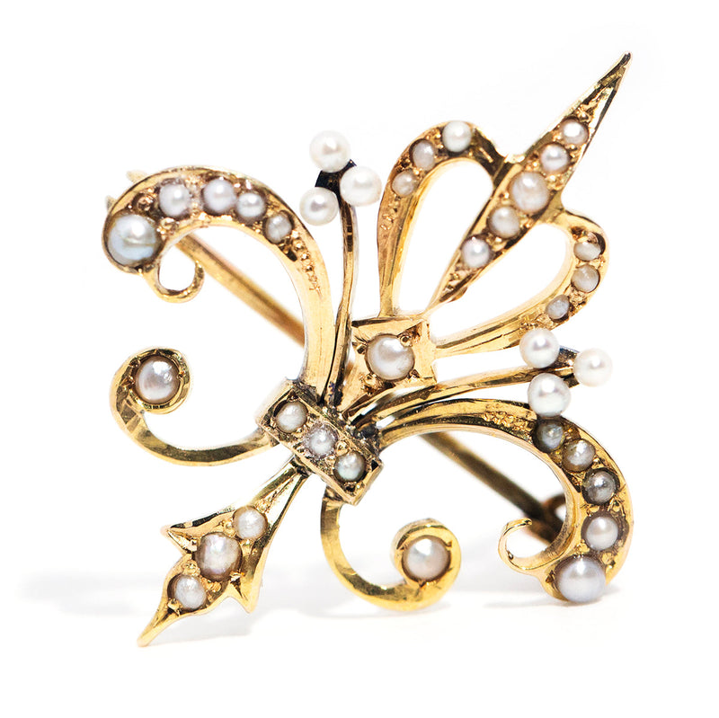 Camille 18ct Yellow Gold Fleur de Lis Seed Pearl Brooch *OB Gemmo $ Brooches Imperial Jewellery 