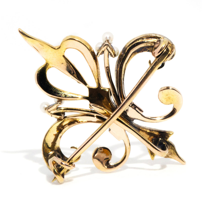 Camille 18ct Yellow Gold Fleur de Lis Seed Pearl Brooch *OB Gemmo $ Brooches Imperial Jewellery 