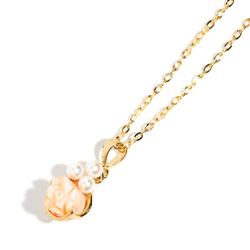 Carina 1950s Coral Rose & Pearl Pendant & Chain 18ct Gold Pendants/Necklaces Imperial Jewellery 