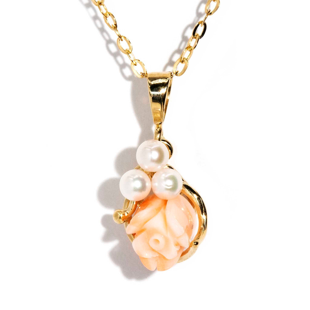 Carina 1950s Coral Rose Pearl Pendant Chain 18ct Gold