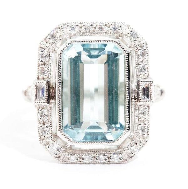 Cartagena Emerald Cut Aquamarine & Diamond Platinum Ring Ring Imperial Jewellery - Auctions, Antique, Vintage & Estate 