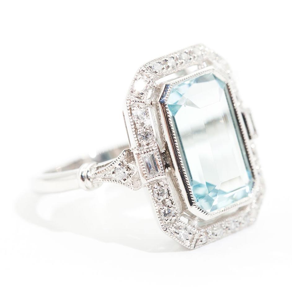 Cartagena Emerald Cut Aquamarine & Diamond Platinum Ring Ring Imperial Jewellery - Auctions, Antique, Vintage & Estate 