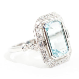 Cartagena Emerald Cut Aquamarine & Diamond Platinum Ring Ring Imperial Jewellery - Auctions, Antique, Vintage & Estate 