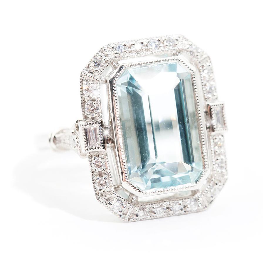 Cartagena Emerald Cut Aquamarine & Diamond Platinum Ring Ring Imperial Jewellery - Auctions, Antique, Vintage & Estate 