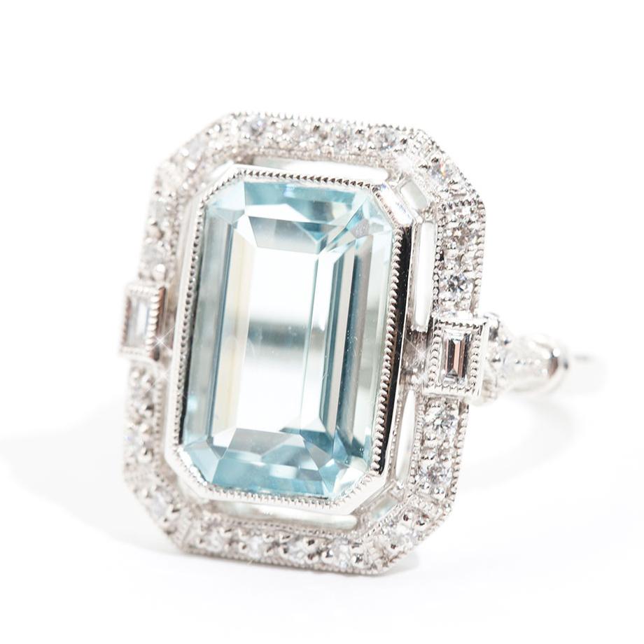 Cartagena Emerald Cut Aquamarine & Diamond Platinum Ring Ring Imperial Jewellery - Auctions, Antique, Vintage & Estate 