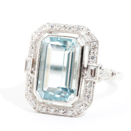Cartagena Emerald Cut Aquamarine & Diamond Platinum Ring Ring Imperial Jewellery - Auctions, Antique, Vintage & Estate 