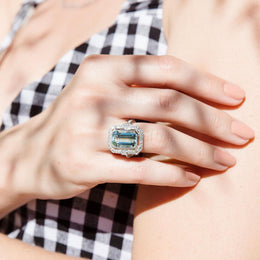 Cartagena Platinum Emerald Cut Aquamarine and Diamond Vintage Ring Ring Imperial Jewellery - Auctions, Antique, Vintage & Estate 