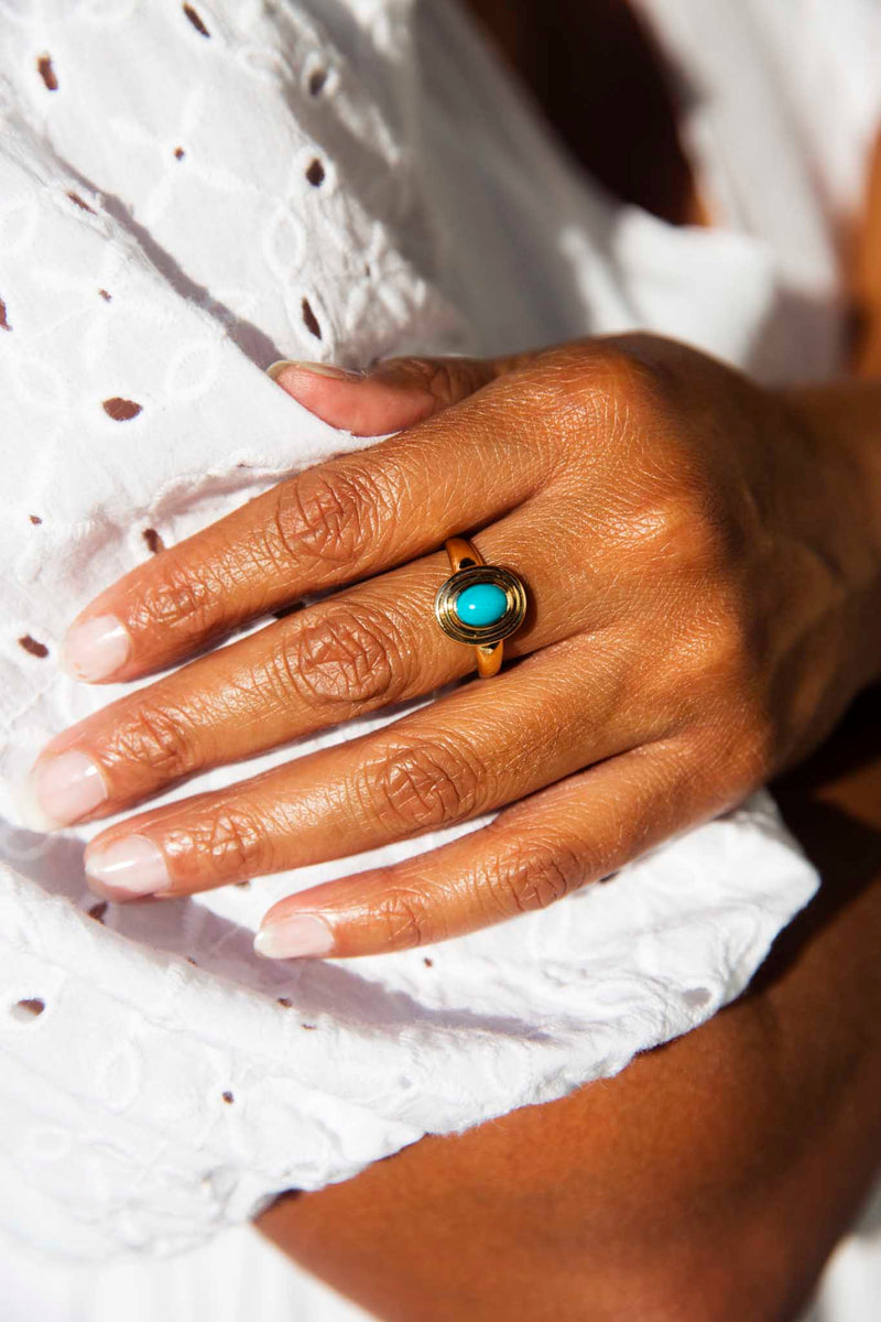 Celine 1980s Triple Rubover Turquoise Ring 18ct Gold Rings Imperial Jewellery 