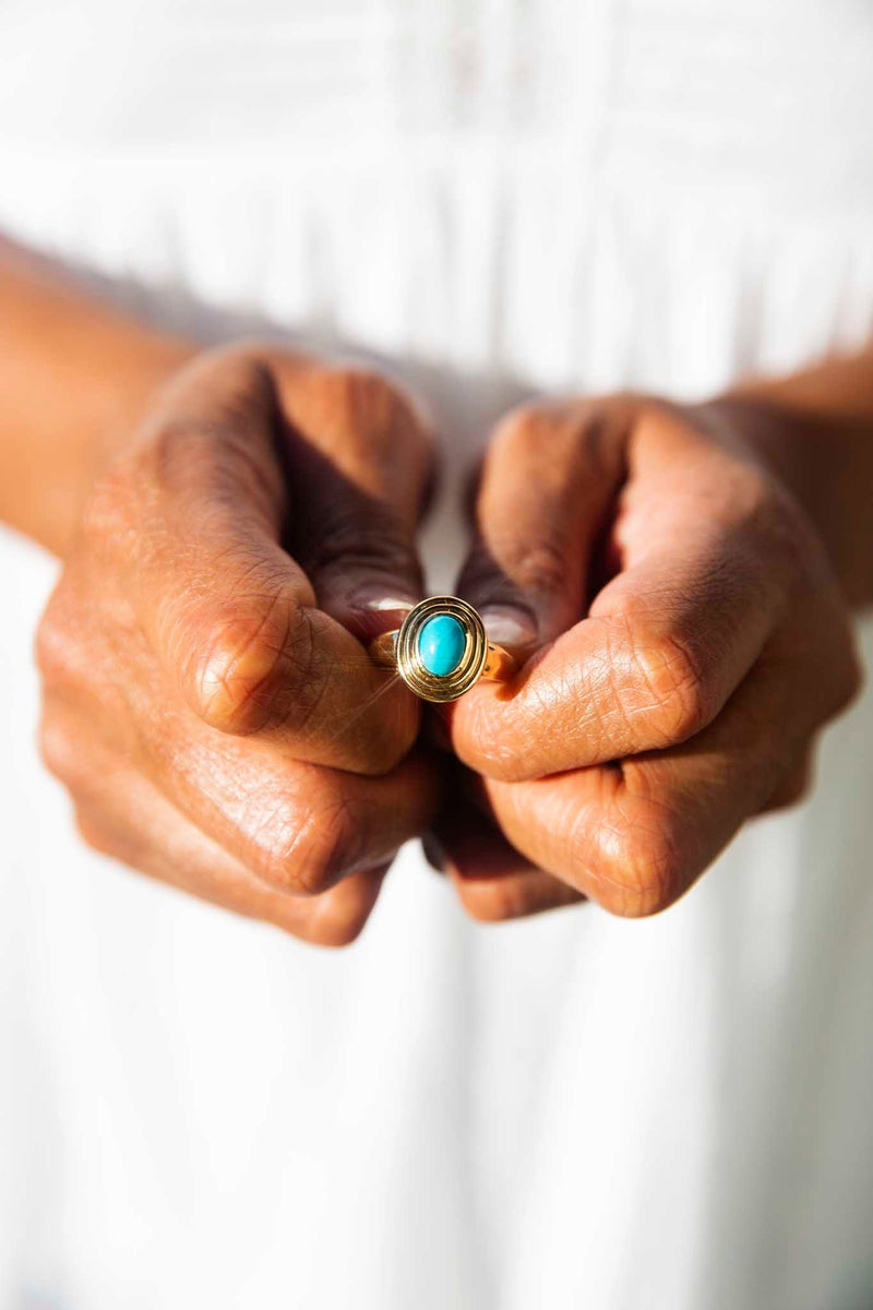 Celine 1980s Triple Rubover Turquoise Ring 18ct Gold Rings Imperial Jewellery 