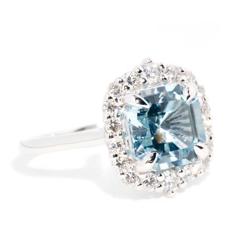 Charmaine Square Emerald Cut Aquamarine Diamond Halo Ring* OB Rings Imperial Jewellery 