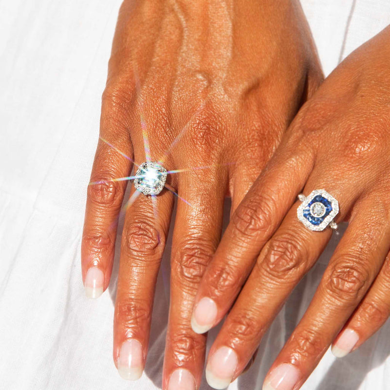 Charmaine Square Emerald Cut Aquamarine Diamond Halo Ring Rings Imperial Jewellery 