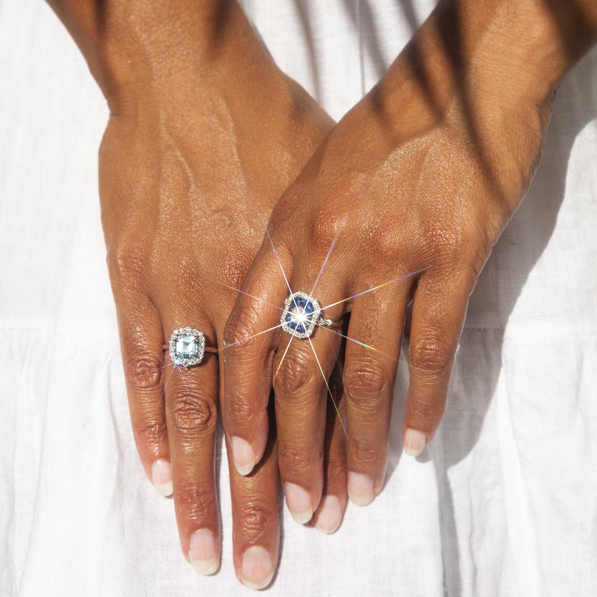 Charmaine Square Emerald Cut Aquamarine Diamond Halo Ring Rings Imperial Jewellery 
