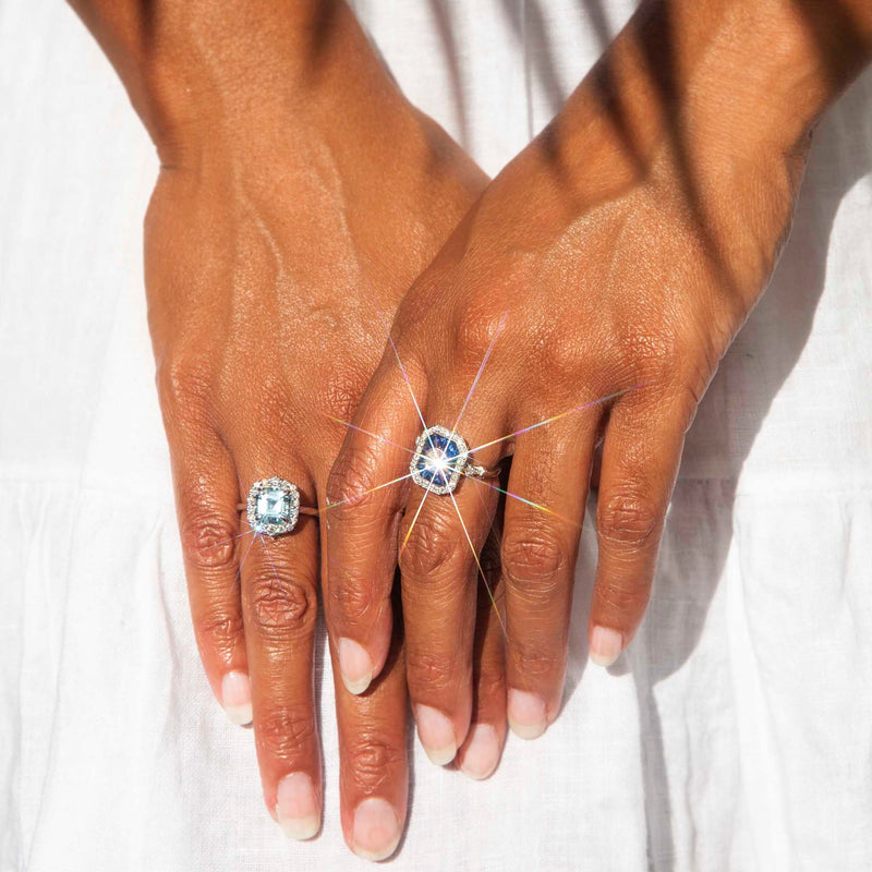 Charmaine Square Emerald Cut Aquamarine Diamond Halo Ring Rings Imperial Jewellery 