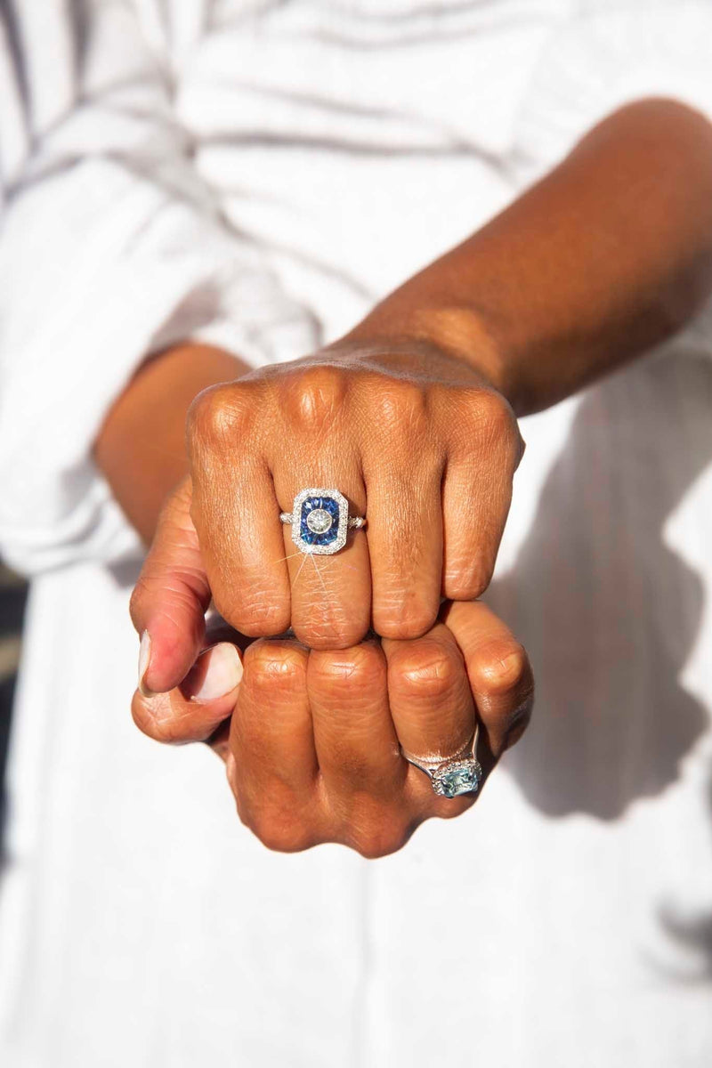 Charmaine Square Emerald Cut Aquamarine Diamond Halo Ring Rings Imperial Jewellery 